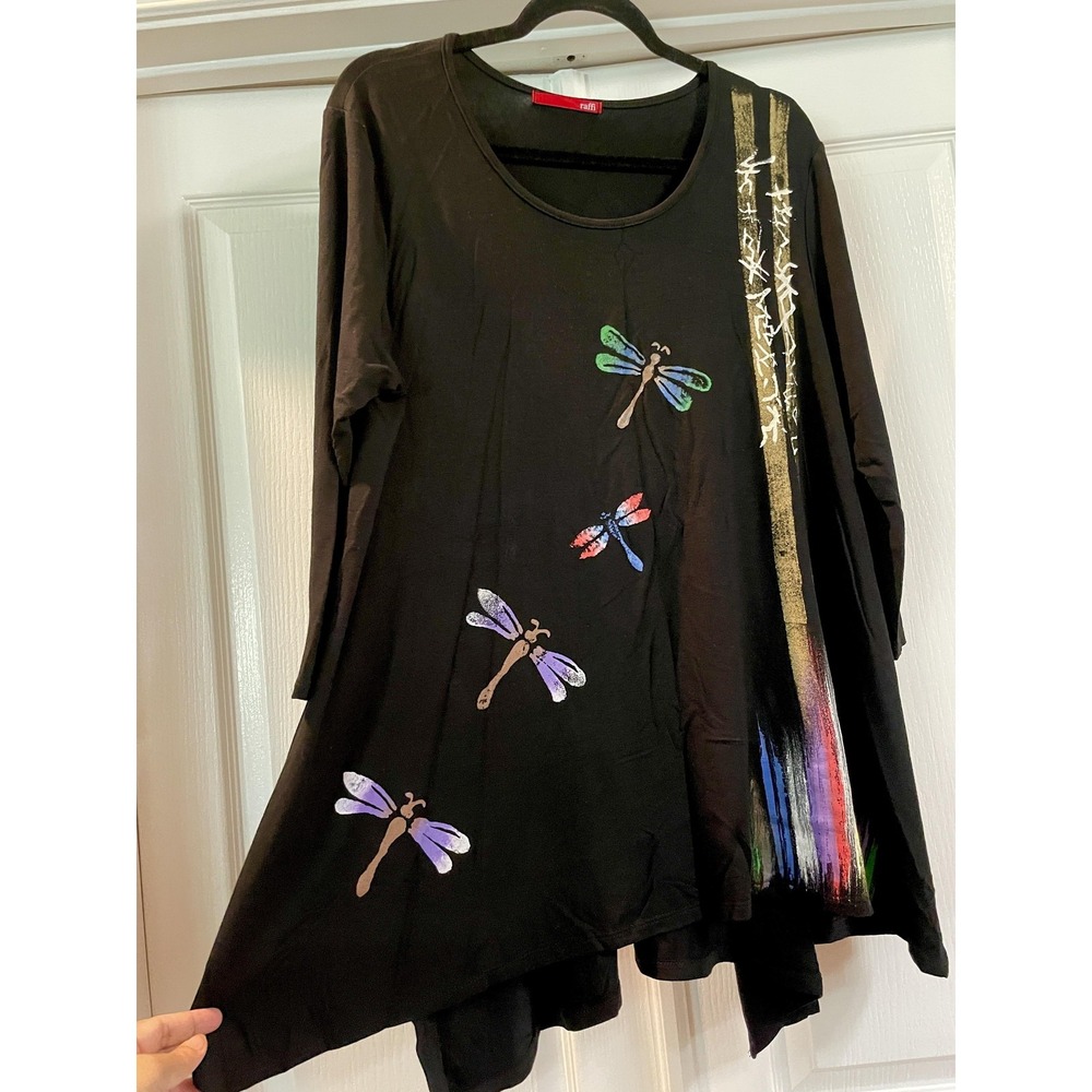Raffi Shirt Womens M Black Dragonfly Hand Painted Art Asym Hem Tunic Top
